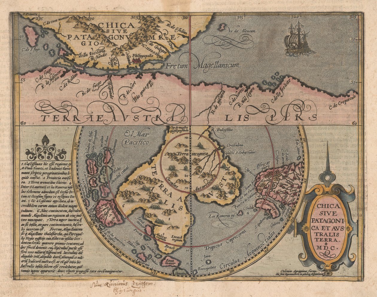 地理手册的《 Chica sive Patagonica et Australis Terra》，1600年 作者 马蒂亚斯四方