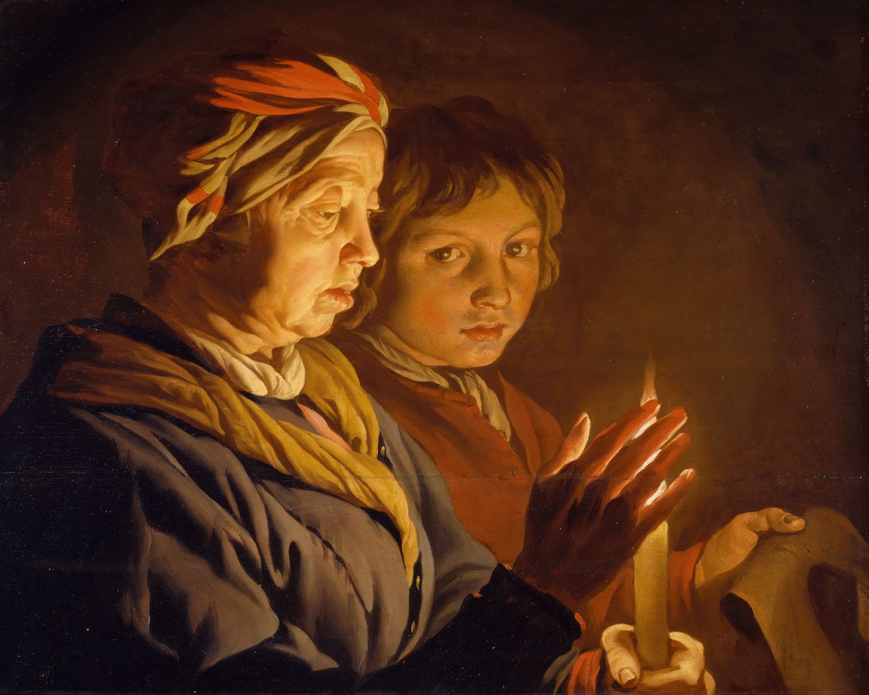 烛光下的老妇人和男孩，1630-1650。 作者 马蒂亚斯·斯托默（Matthias Stomer）