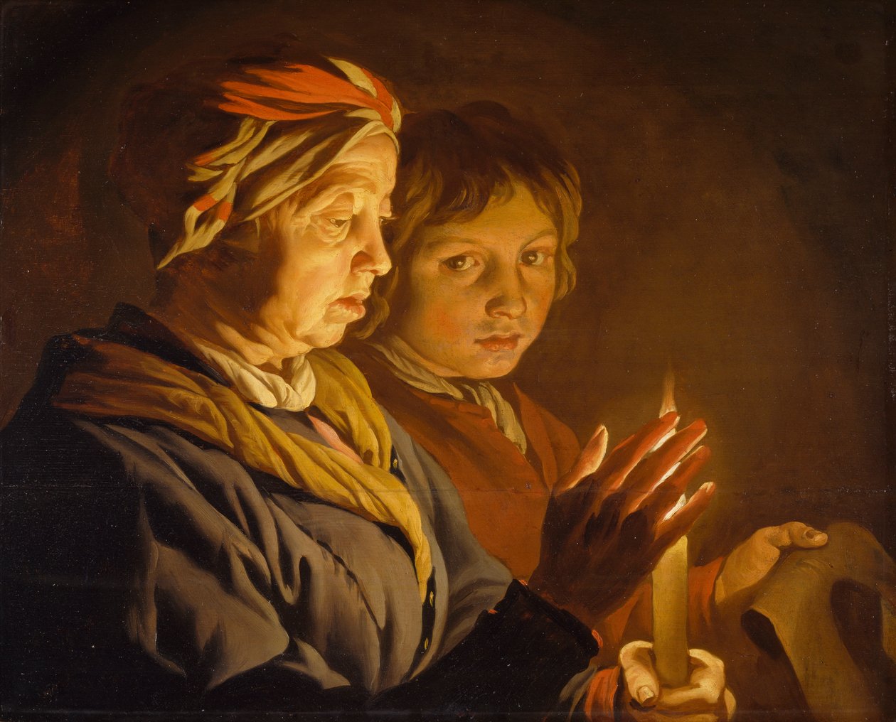 烛光下的老妇人和男孩，1630-1650年 作者 马蒂亚斯·斯托默（Matthias Stomer）