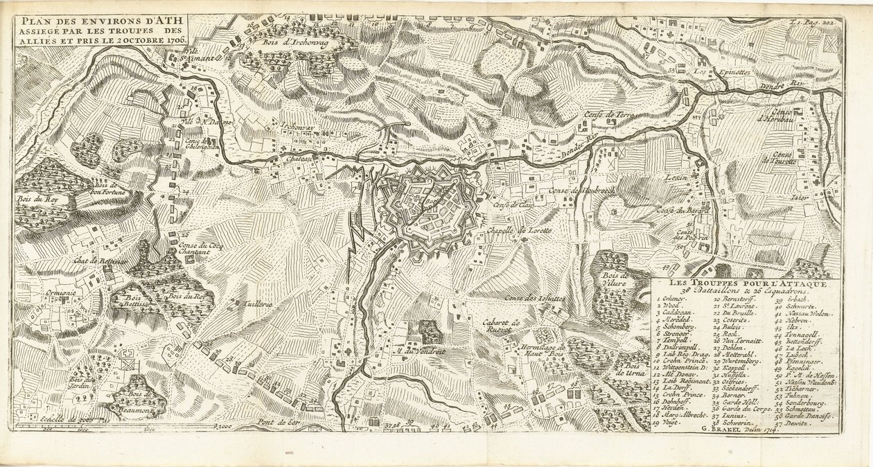 贝勒格-范-阿特，1706 年
1706 年 10 月 2 日拍摄的被联军围困的阿特周围地区的平面图（标题在实物上） 作者 Matthij 的游泳池（可能）