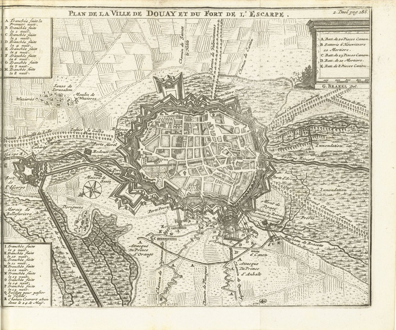 Beleg van Douai, 1710
杜埃镇和 Escarpe 要塞平面图（标题标在实物上） 作者 Matthij 的游泳池（可能）