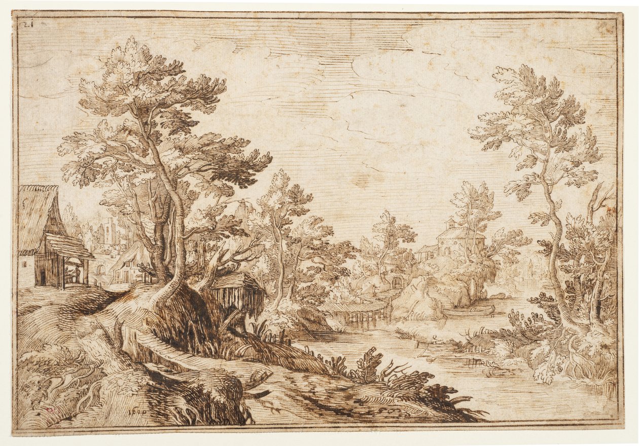 有河流和村庄的风景，约 1501-1600 年（黑色粉笔、钢笔和棕色墨水，铺纸） 作者 小马蒂斯（继布里尔之后）