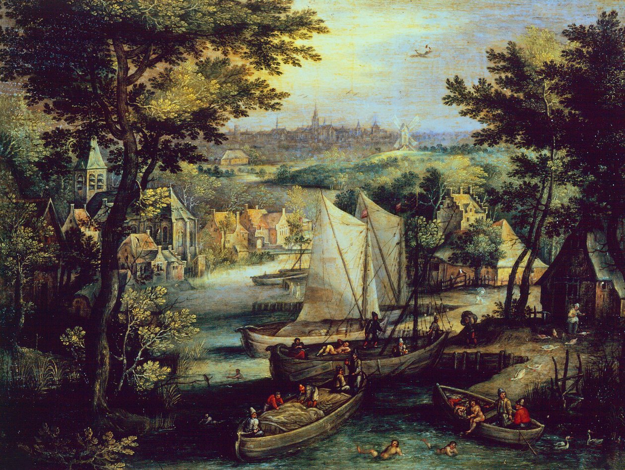 河流风景，马蒂斯-布里尔-杨格尔（1550-1583 年）的作品，铜面油画 作者 马蒂斯小布里尔