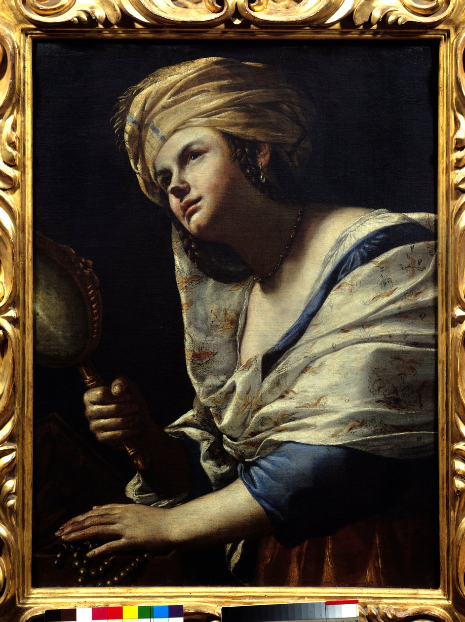 Vanite Woman with Turban and Mirror - Mattia Preti (1613-1699) 绘画，17 世纪佛罗伦萨，乌菲兹美术馆 作者 马蒂亚·普雷蒂（Mattia Preti）