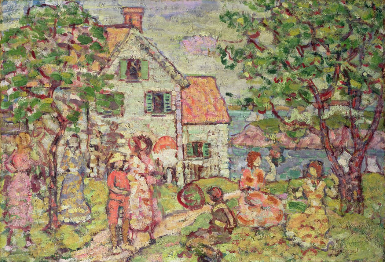海滩和两个房子，1916-18 作者 莫里斯·巴西·普伦德加斯特