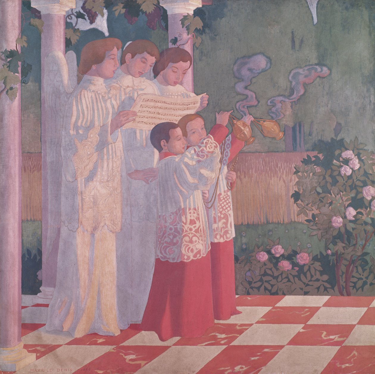 提升圣十字架和赞美弥撒，1899年Chapelle du College Sainte-Croix du Vesinet的祭坛中央面板的左手边 作者 莫里斯·丹尼斯（Maurice Denis）