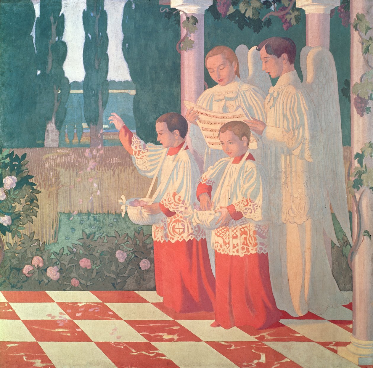 提升圣十字架和赞美弥撒，1899年Chapelle du College Sainte-Croix du Vesinet的祭坛中央面板的右侧 作者 莫里斯·丹尼斯（Maurice Denis）
