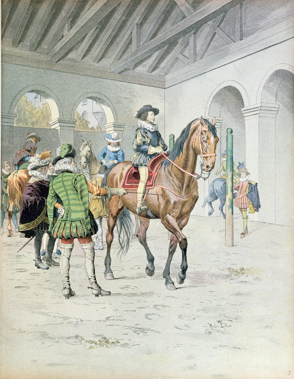 Armand-Jean du Plessis，红衣主教Richelieu（1585-1642）学习骑马，1910年Theodore Camu的Richelieu生活插图 作者 莫里斯·勒卢瓦（Maurice Leloir）