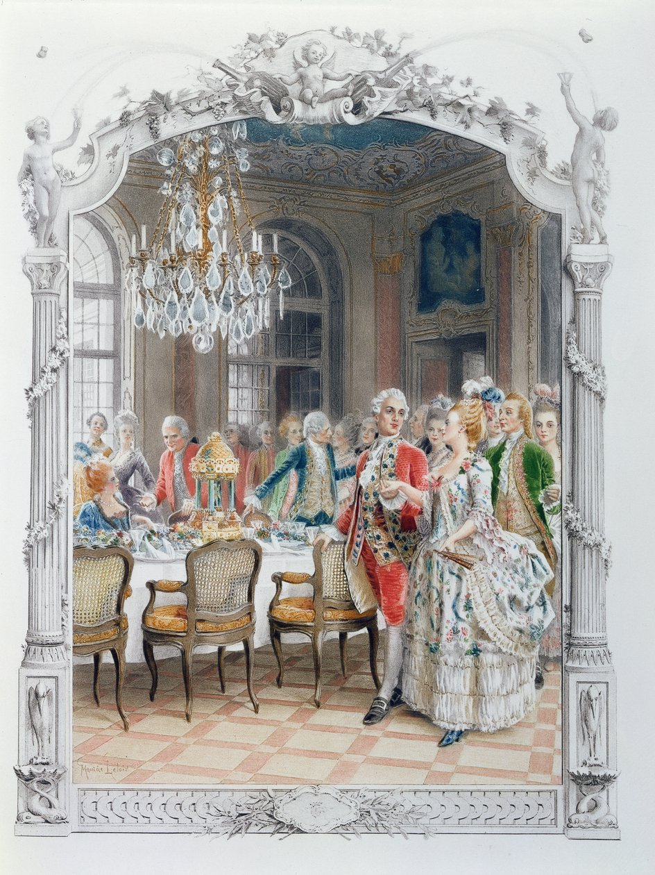 十八世纪的优雅餐饮，来自&39;过去一个世纪的优质女性&39;，c.1885 作者 莫里斯·勒卢瓦（Maurice Leloir）