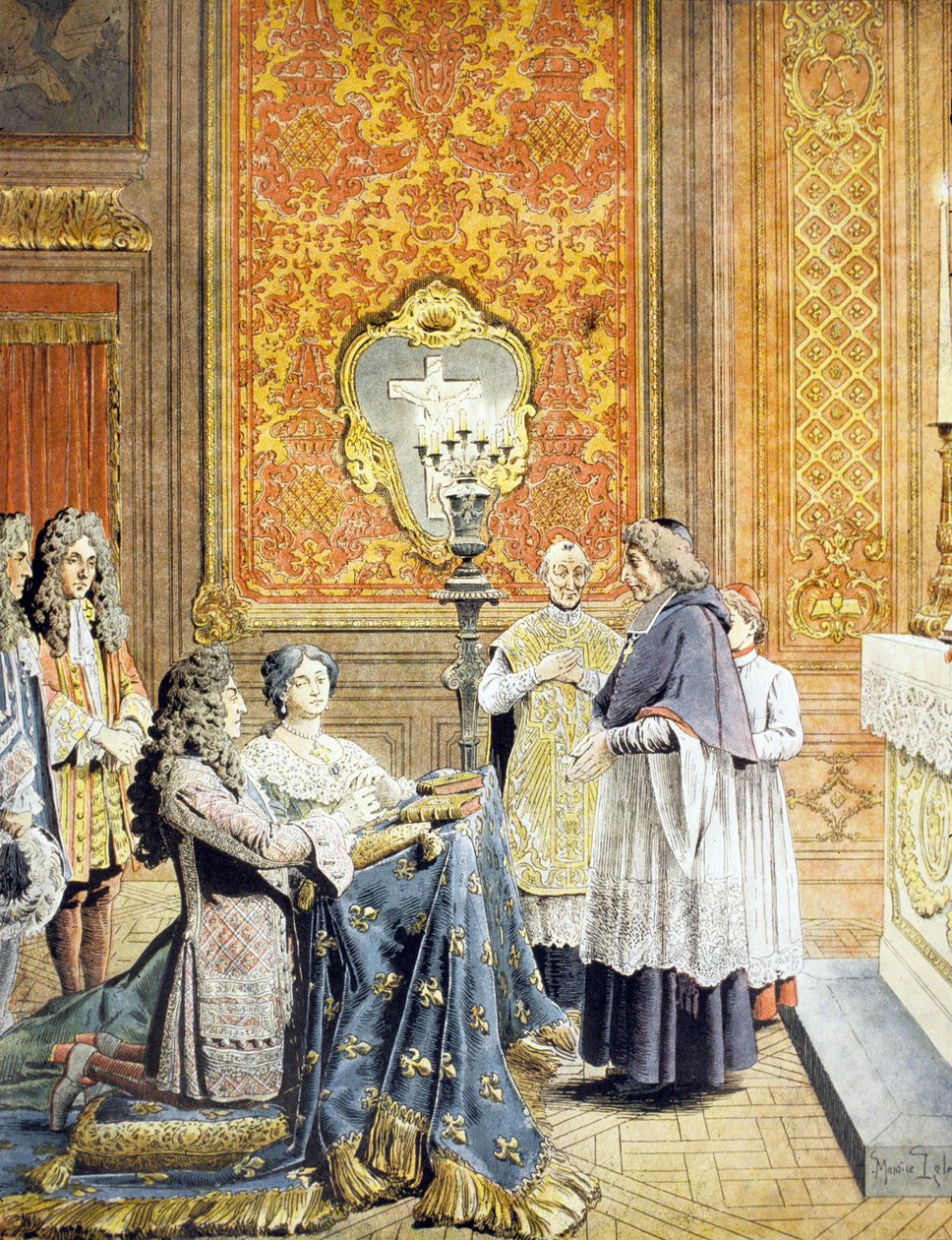 1683年10月9日至10日，路易十四国王与Francoise dAubigne，Mme de Maintenon之间的秘密婚礼，由巴黎弗朗索瓦·哈莱·德·尚瓦隆和Pere Lachaise的大主教在Monseigneur出席 作者 莫里斯·勒卢瓦（Maurice Leloir）