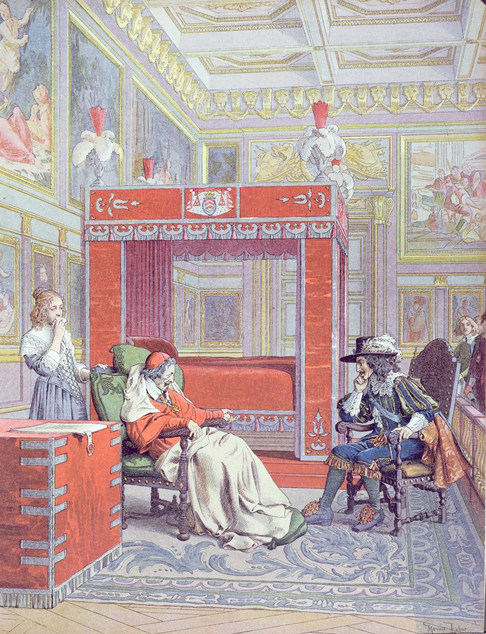 Armand-Jean du Plessis，红衣主教Richelieu（1585-1642）的死亡，1910年Theodore Camu的Richelieu生活插图 作者 莫里斯·勒卢瓦（Maurice Leloir）