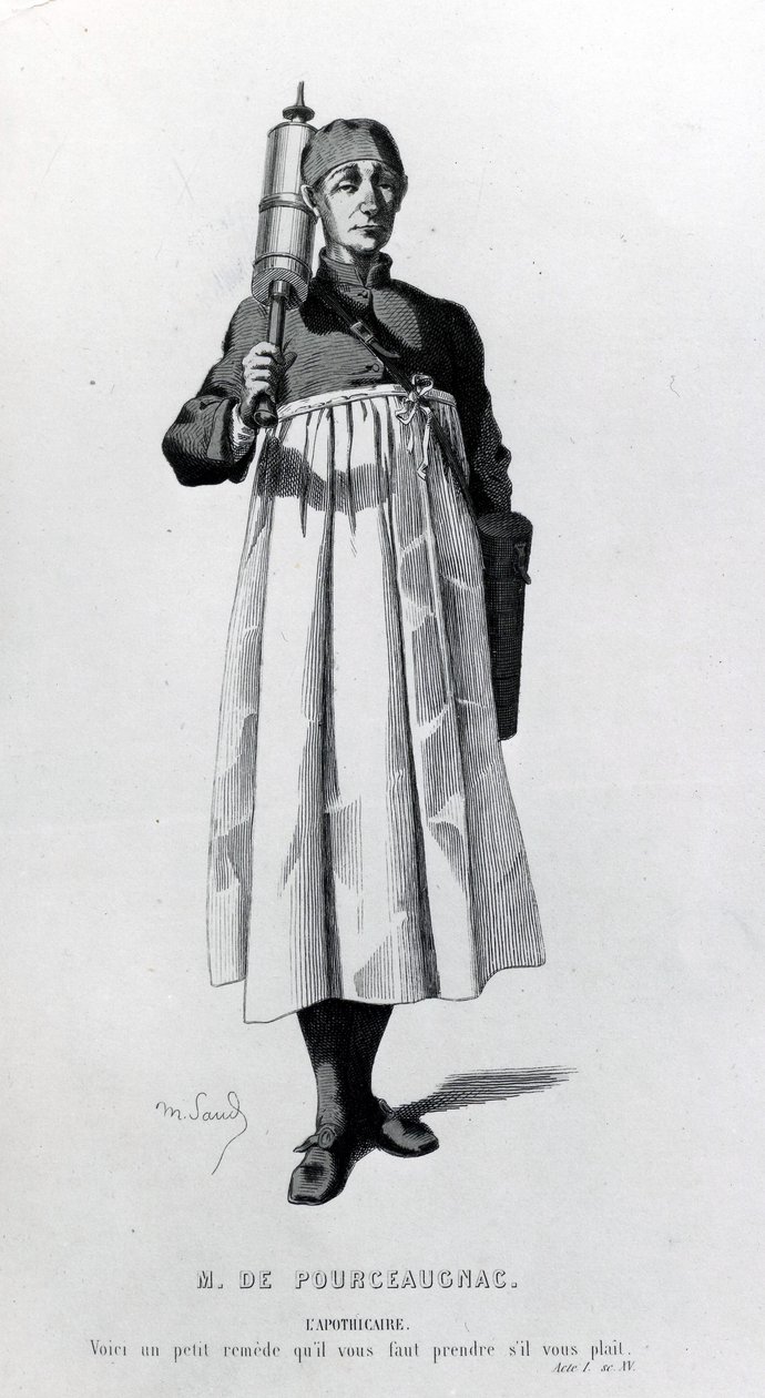 药剂师为Monsieur de Pourceaugnac配备一个注射器，取自1669年的“Oeuvres completed de Moliere” 作者 莫里斯·桑德
