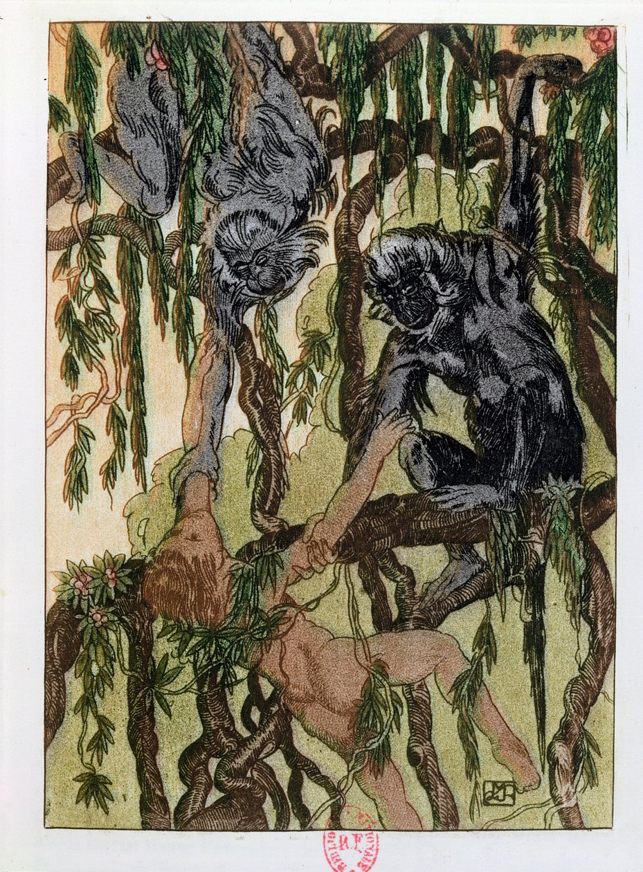 Mowgli和猴子，来自&39;The Jungle Book&39;的插图由Rudyard Kipling（1865-1936）于1930年在巴黎出版 作者 莫里斯·德·贝克