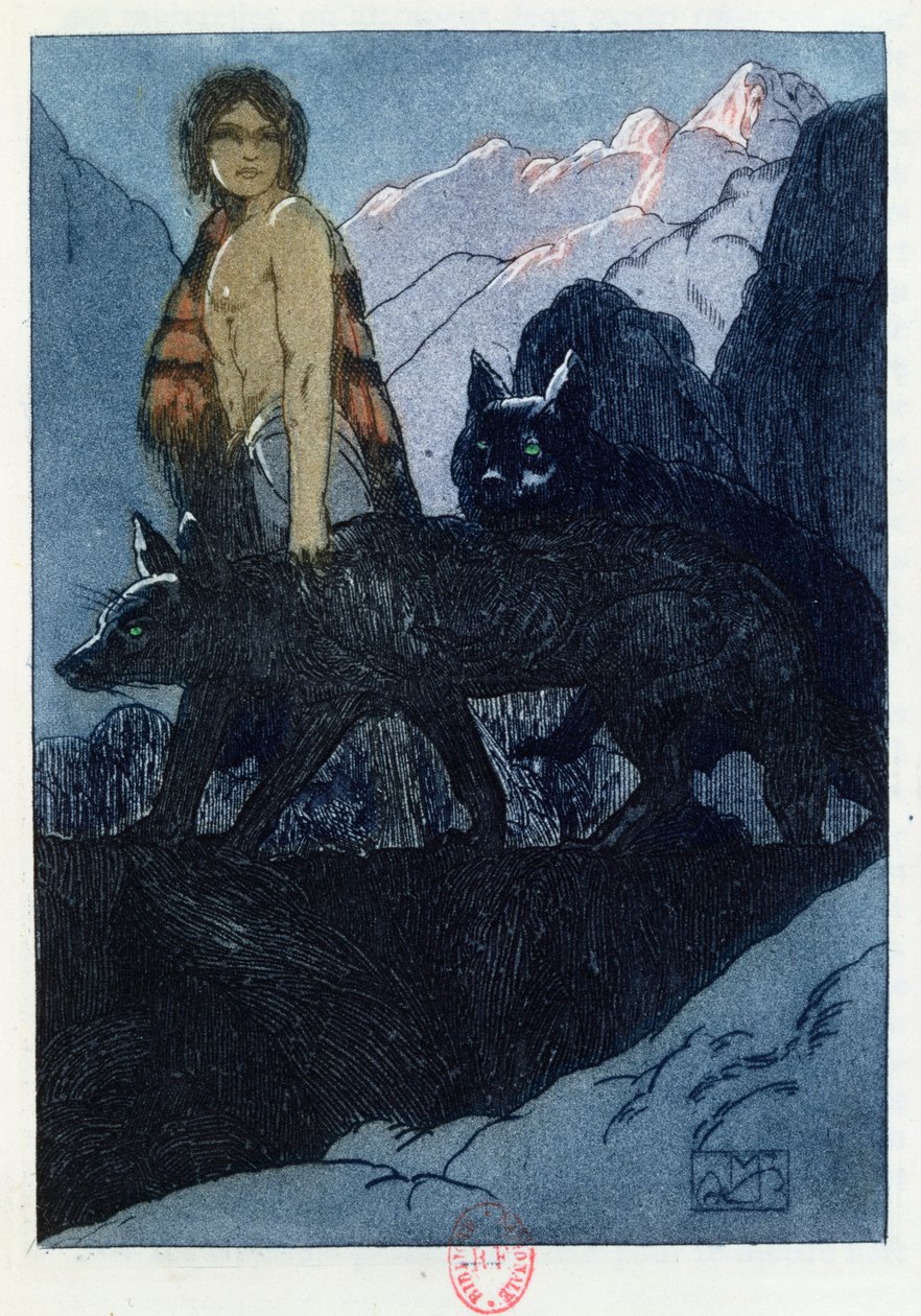 Mowgli和狼队，来自Rudyard Kipling（1865-1936）的“丛林书”插图于1930年在巴黎出版 作者 莫里斯·德·贝克