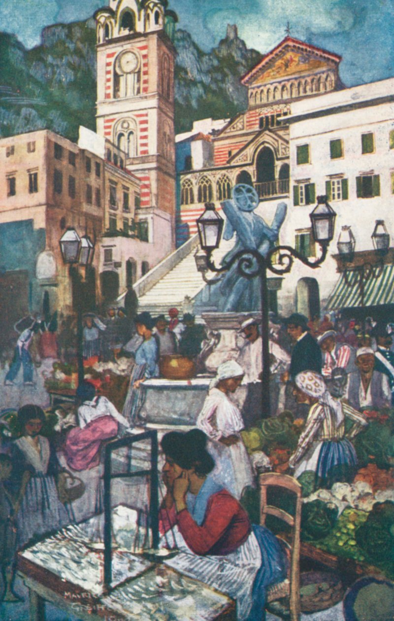 阿马尔菲，广场和大教堂（彩色石版画） 作者 莫里斯（后）格里芬哈根（Greiffenhagen）