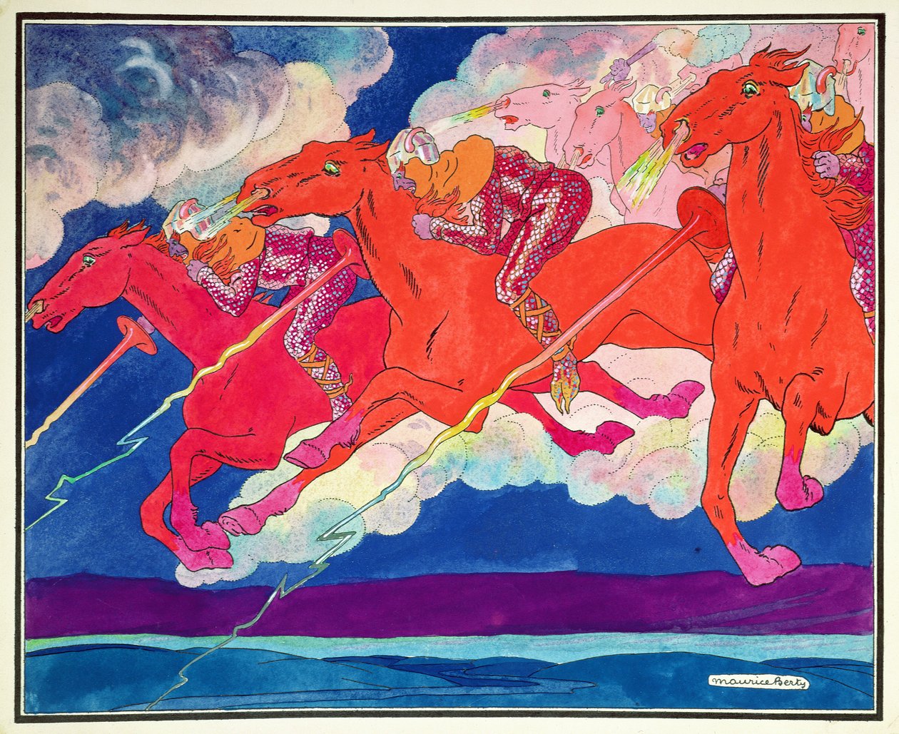 阿提拉军团从天而降，c.1920（纸上水彩） 作者 莫里斯·伯蒂