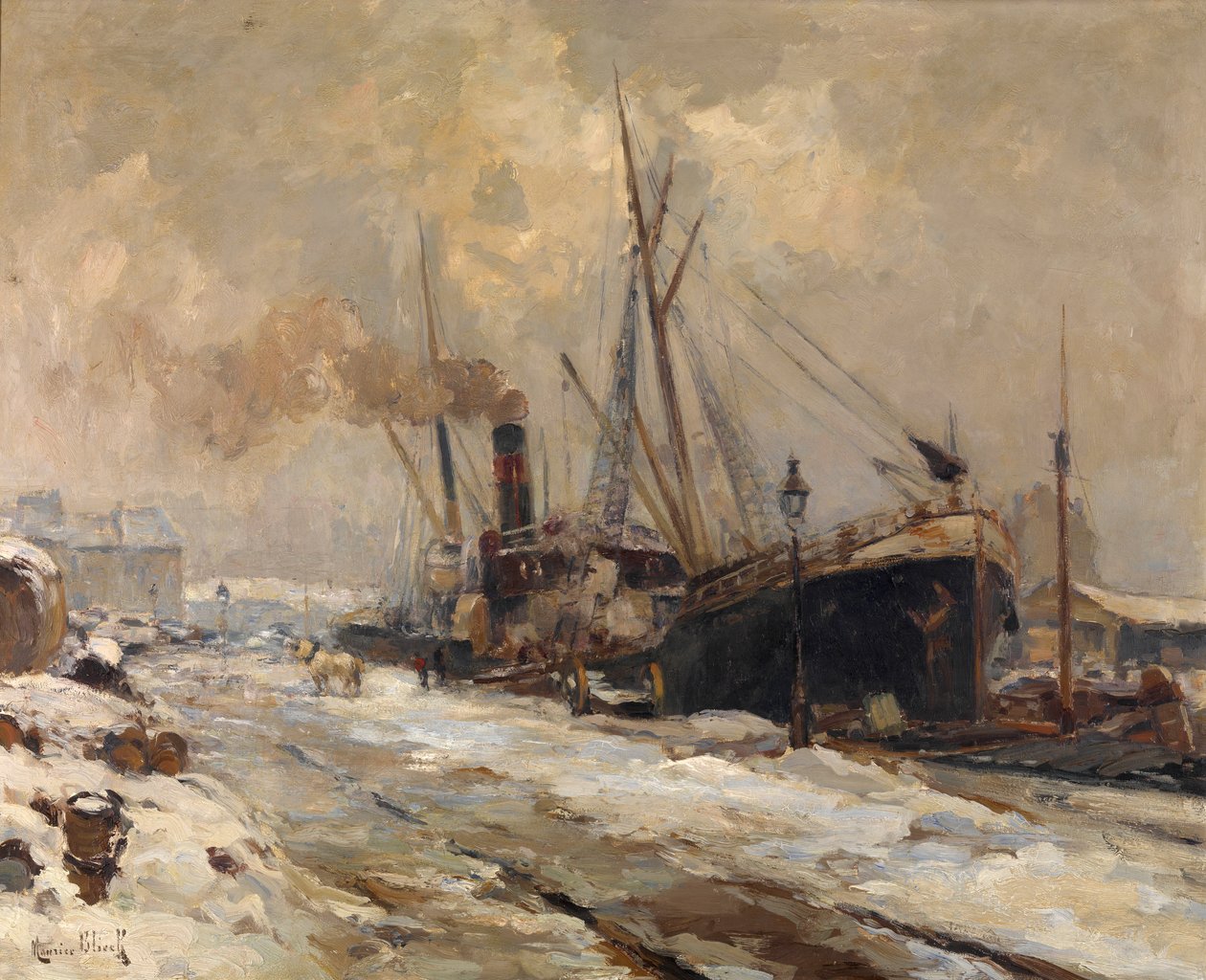 Antwerp Harbour in Winter (oil on canvas)   1440678   zh       chinese Successfully Translated  Original: Confinement tray depicting the Triumph of Venus venerated by six legendary lovers: Achilles, Tristan, Lancelot, Samson, Paris and Troilus (oil on pane 作者 莫里斯·布莱克（Maurice Blieck）