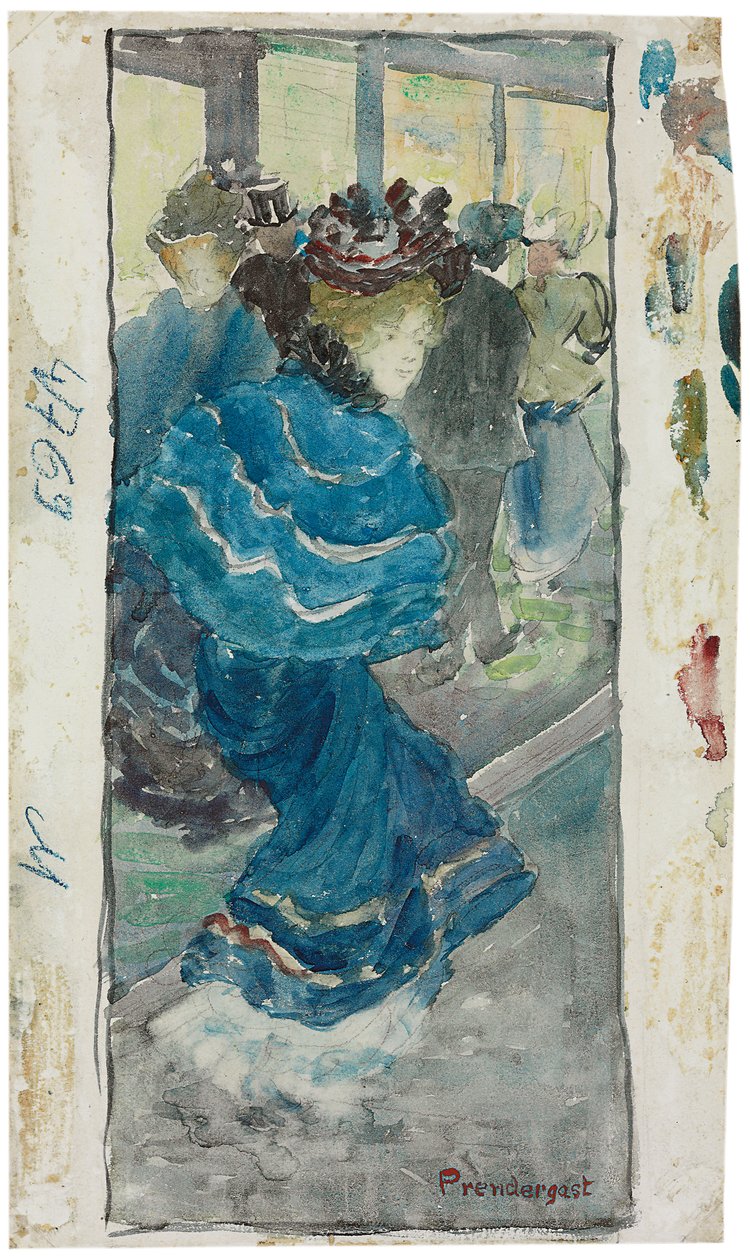 穿着蓝色连衣裙的优雅女人，c.1893-94 作者 莫里斯·巴西·普伦德加斯特