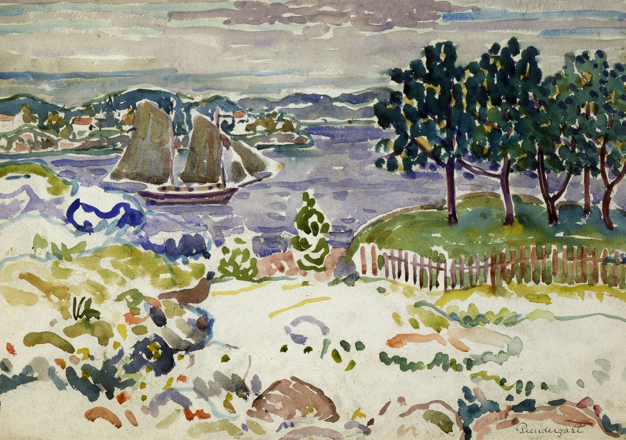 Inlet with Sailboat, Maine, ca. 1913-1915. 作者 莫里斯·巴西·普伦德加斯特