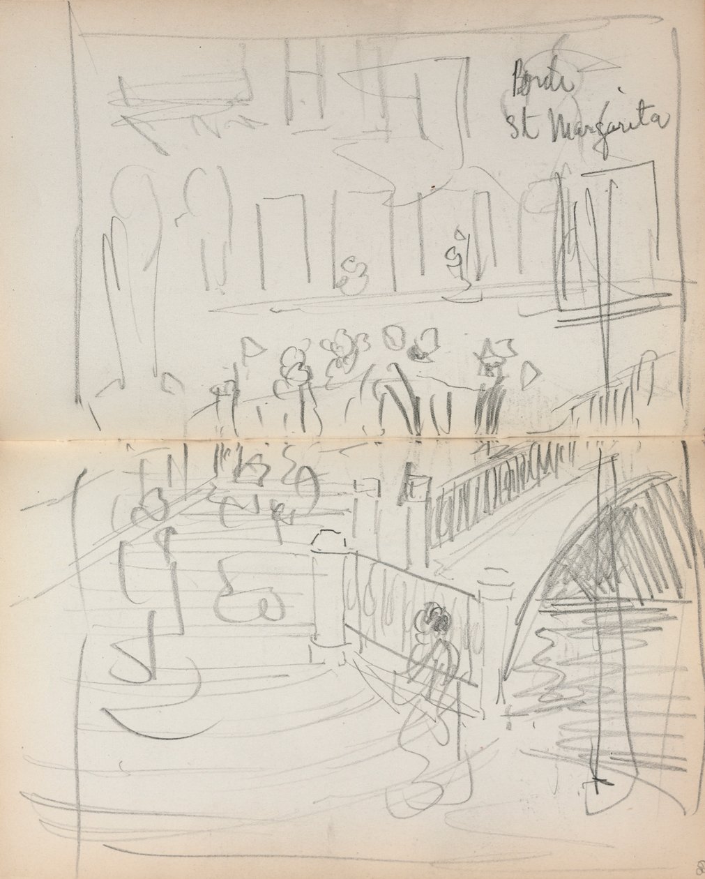 意大利素描本：圣玛格丽塔大桥（Bridge St. Margarita）1898-1899年，第67和68页。 作者 莫里斯·巴西·普伦德加斯特