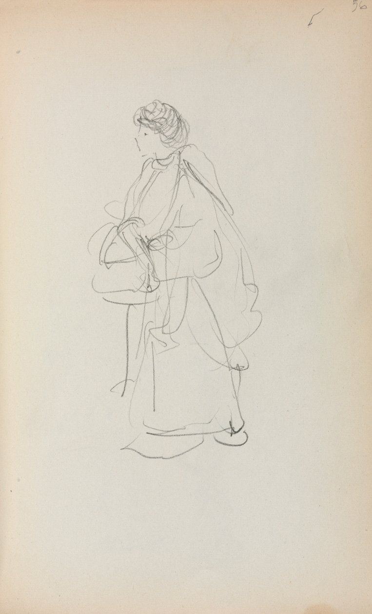 意大利写生簿：站立的妇女拿着书包，第56页，1898-1899年。 作者 莫里斯·巴西·普伦德加斯特