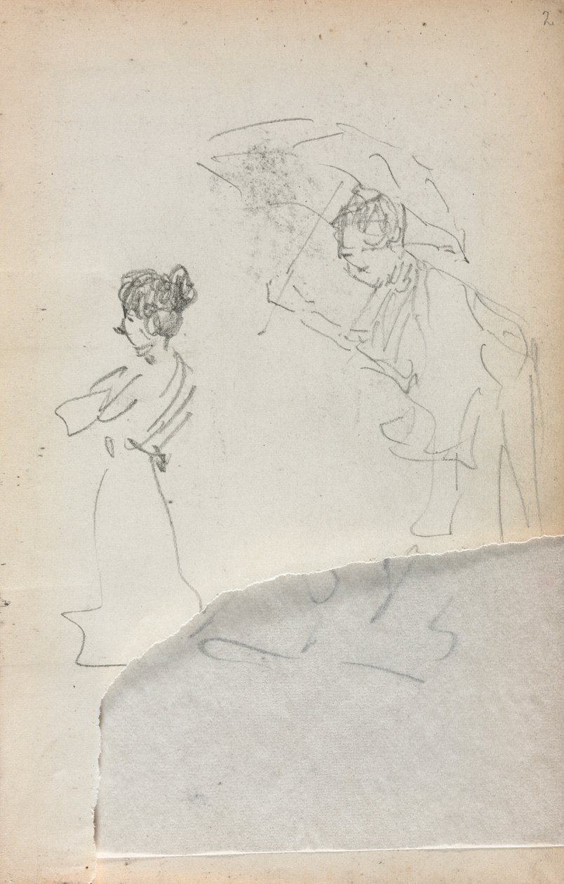 意大利写生簿：《站立的女人》和《带雨伞的男人》，第2页，1898-1899年。 作者 莫里斯·巴西·普伦德加斯特