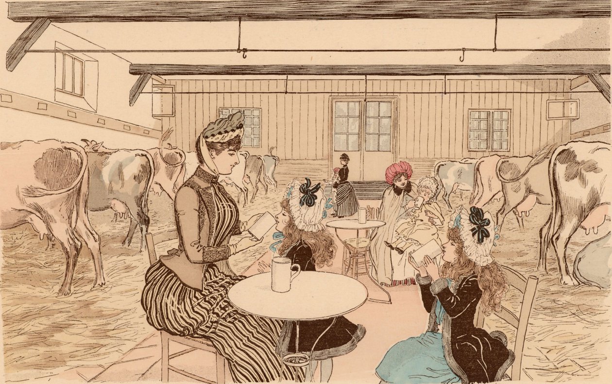 法国巴黎，母亲带孩子去牛奶店 作者 莫里斯·查尔斯·马修 (1849 - 1912) 邦瓦赞