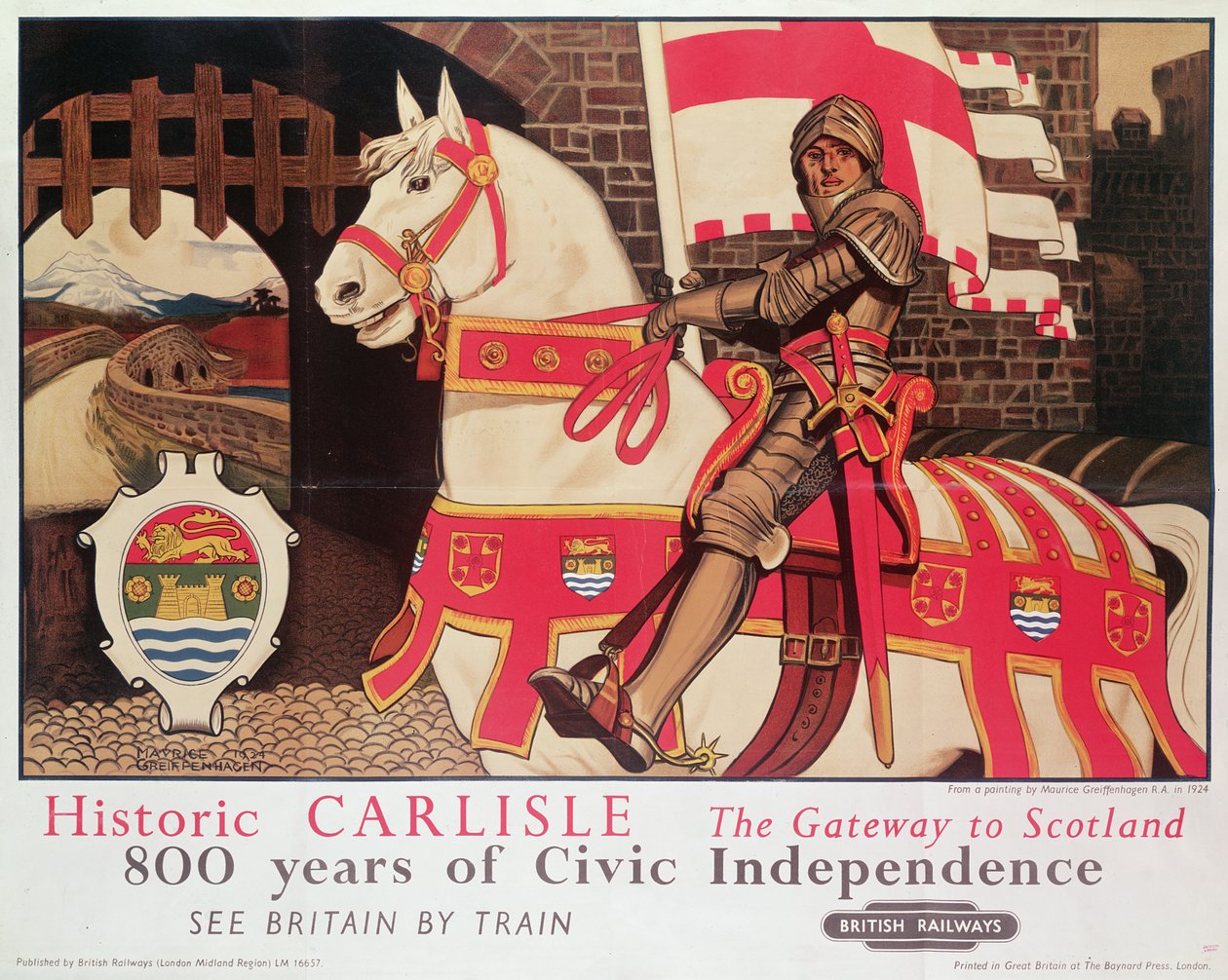 英国铁路海报广告&39;历史卡莱尔，通往苏格兰的门户&39;，1924年 作者 莫里斯·格里芬哈根（Maurice Greiffenhagen）