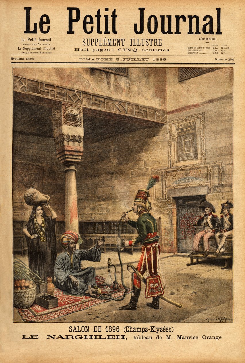 在法国在埃及的战役中，一名士兵审问土著人关于他的水管 narghileh（或 narghileh），这是根据莫里斯·奥兰治 (Maurice Orange) 在 1896 年沙龙上展出的一幅画作改编的。 雕刻在“”Le petit journal””5/07/1896。 塞尔瓦的 c 作者 莫里斯·亨利（之后）橙色