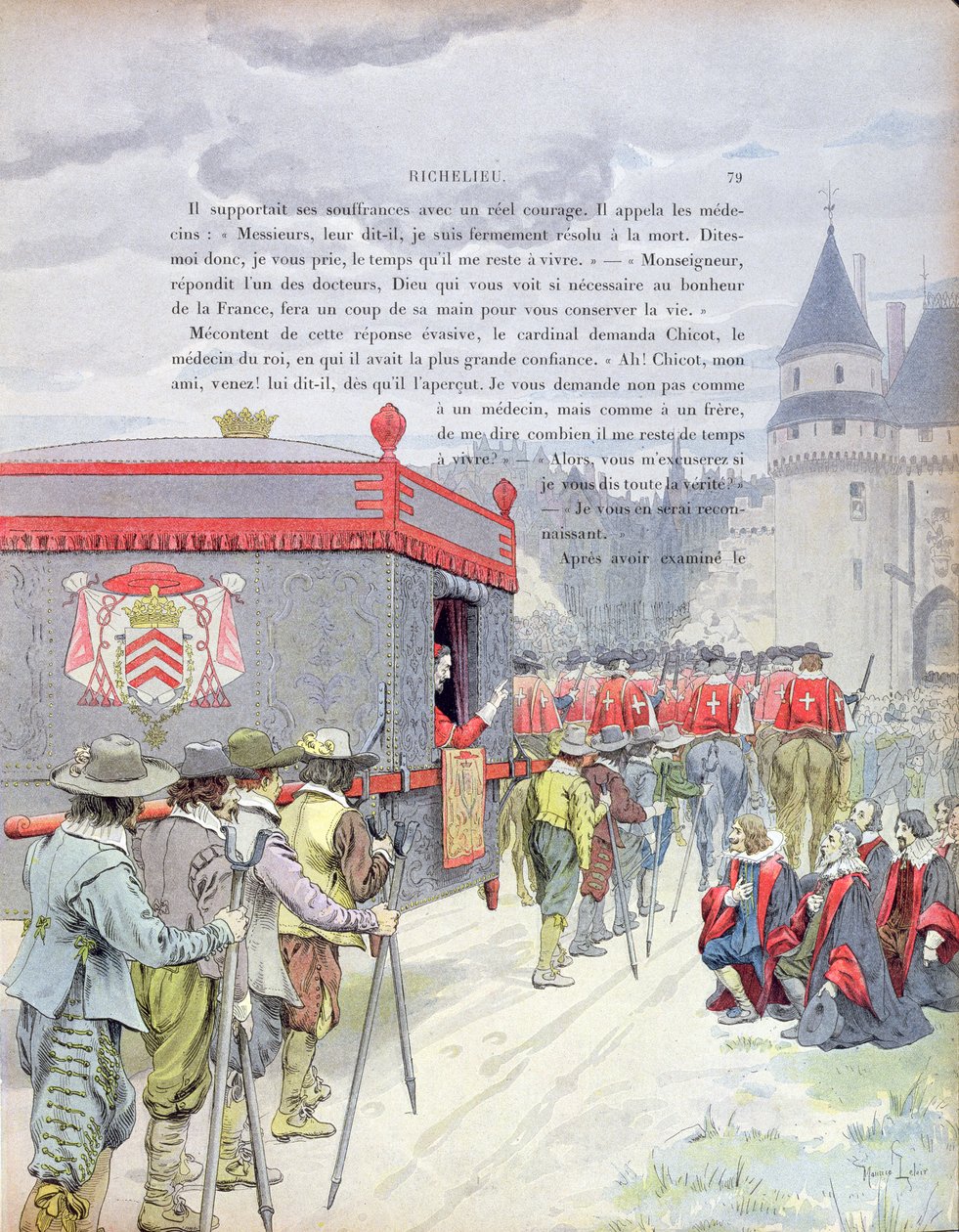 Armand-Jean du Plessis，红衣主教Richelieu（1585-1642）在一个老人的垃圾中旅行，1910年由Theodore Camu的Richelieu生活插图 作者 莫里斯·勒卢瓦（Maurice Leloir）