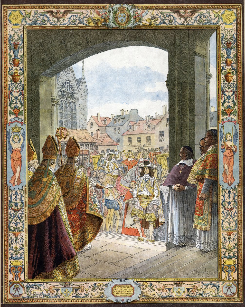 抵达圣礼拜堂（Sainte Chapelle），宣布他是法国国王路易十四的多数，被称为 "索莱尔国王"（Le Roi-Soleil）。 作者 莫里斯·勒卢瓦（Maurice Leloir）