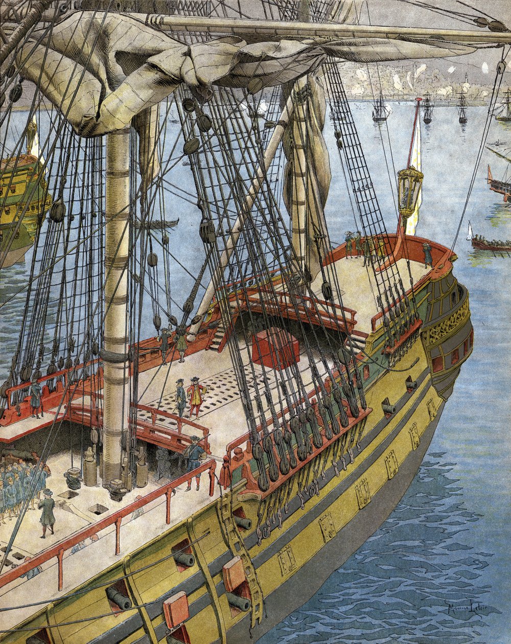 1682年对阿尔及尔市的轰炸和火灾。法国海军军官亚伯拉罕-杜肯侯爵（1604年至1610年至1688年之间）从他的船上看到了galiotes炸弹所产生的效果。顾氏 "Le Roy Soleil"（路易十四）中的染色术 作者 莫里斯·勒卢瓦（Maurice Leloir）