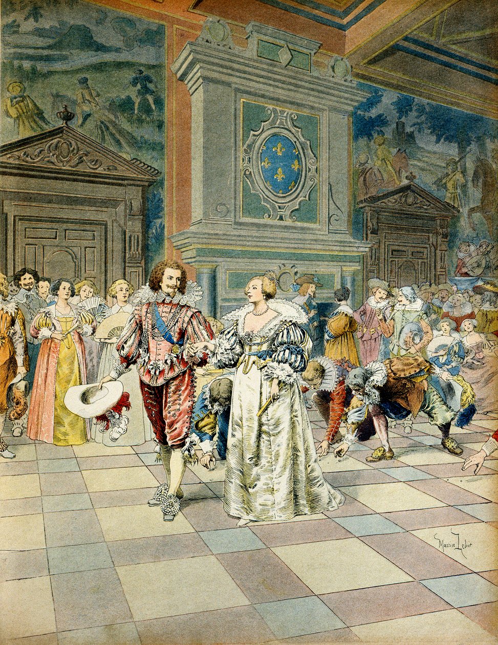 法国历史：白金汉公爵乔治·维利尔斯（George Villiers，1592-1628 年）在法国宫廷中，在朝臣的足迹下播下了他的珍珠。 Maurice Leloir (1853-1940) 在“黎塞留”中的插图 作者 莫里斯·勒卢瓦（Maurice Leloir）