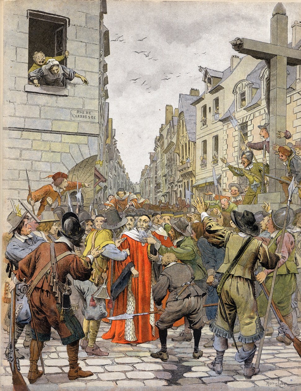 La Fronde.Journees des Barricades（1648年8月）：《路障之旅》（1648年8月）。在Trahoir十字路口(巴黎Saint-Honore街和Dry Arbre街交汇处)，人群要求第一任议会议长Mathieu Mole(1584-1656)到R宫去。 作者 莫里斯·勒卢瓦（Maurice Leloir）