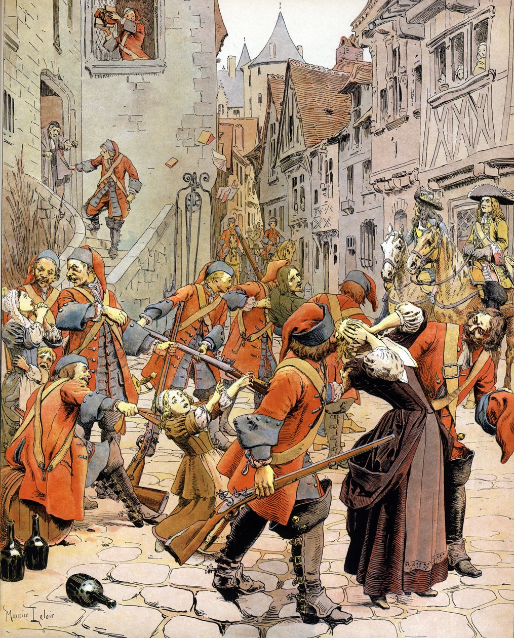 Les Dragonnades（1681-1685）：负责转化新教徒的龙的部队驱散了一个新教徒家庭。古斯塔夫-图特韦尔的《Le Roy Soleil》（路易十四）中的染色法，莫里斯-勒鲁尔（1853-1940）的插图 作者 莫里斯·勒卢瓦（Maurice Leloir）