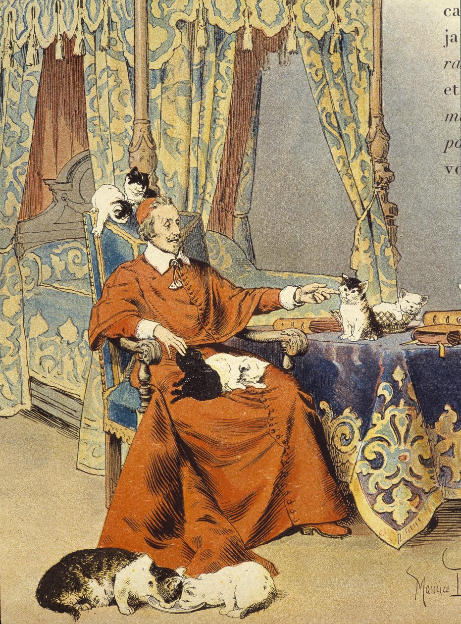红衣主教和他特别喜欢的猫一起玩耍——在莫里斯·勒卢瓦 (Maurice Leloir) 的“黎塞留”中，deb。 20世纪 作者 莫里斯·勒卢瓦（Maurice Leloir）