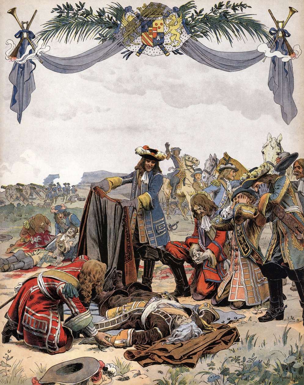 亨利-德拉图-德-奥弗涅子爵图伦（1611-1675）之死，1675年7月27日荷兰战争期间在阿尔萨斯的萨斯巴赫（或萨尔兹巴赫）附近。古斯塔夫-图特韦尔的《Le Roy Soleil》（路易十四）中的染色法，莫里斯-勒鲁尔的插图( 作者 莫里斯·勒卢瓦（Maurice Leloir）