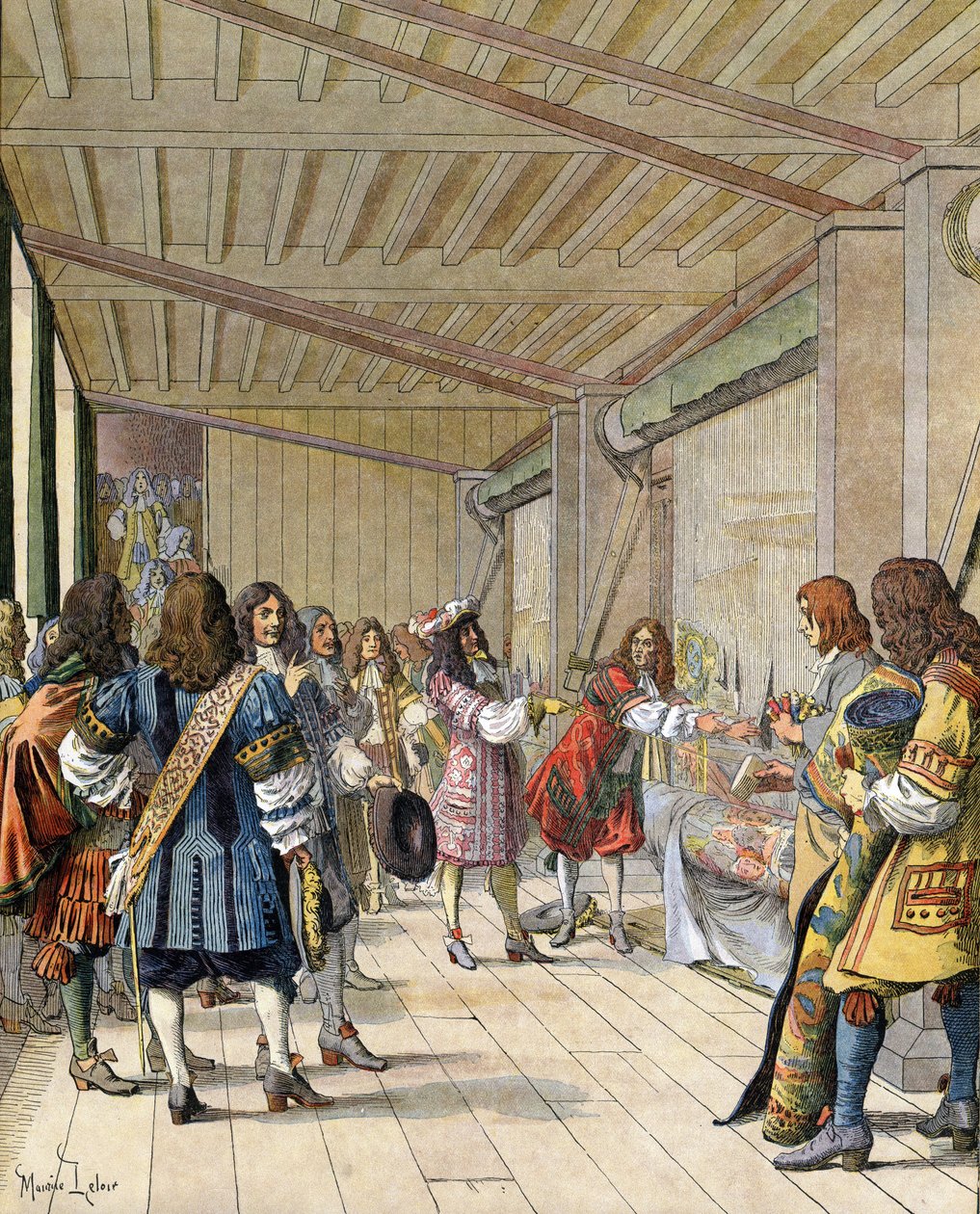 画家查尔斯-勒布伦（Le Brun）（1619-1690）是这家工厂的主管，他向被称为 "索莱尔国王"（Le Roi-Soleil）的路易十四解释道 作者 莫里斯·勒卢瓦（Maurice Leloir）