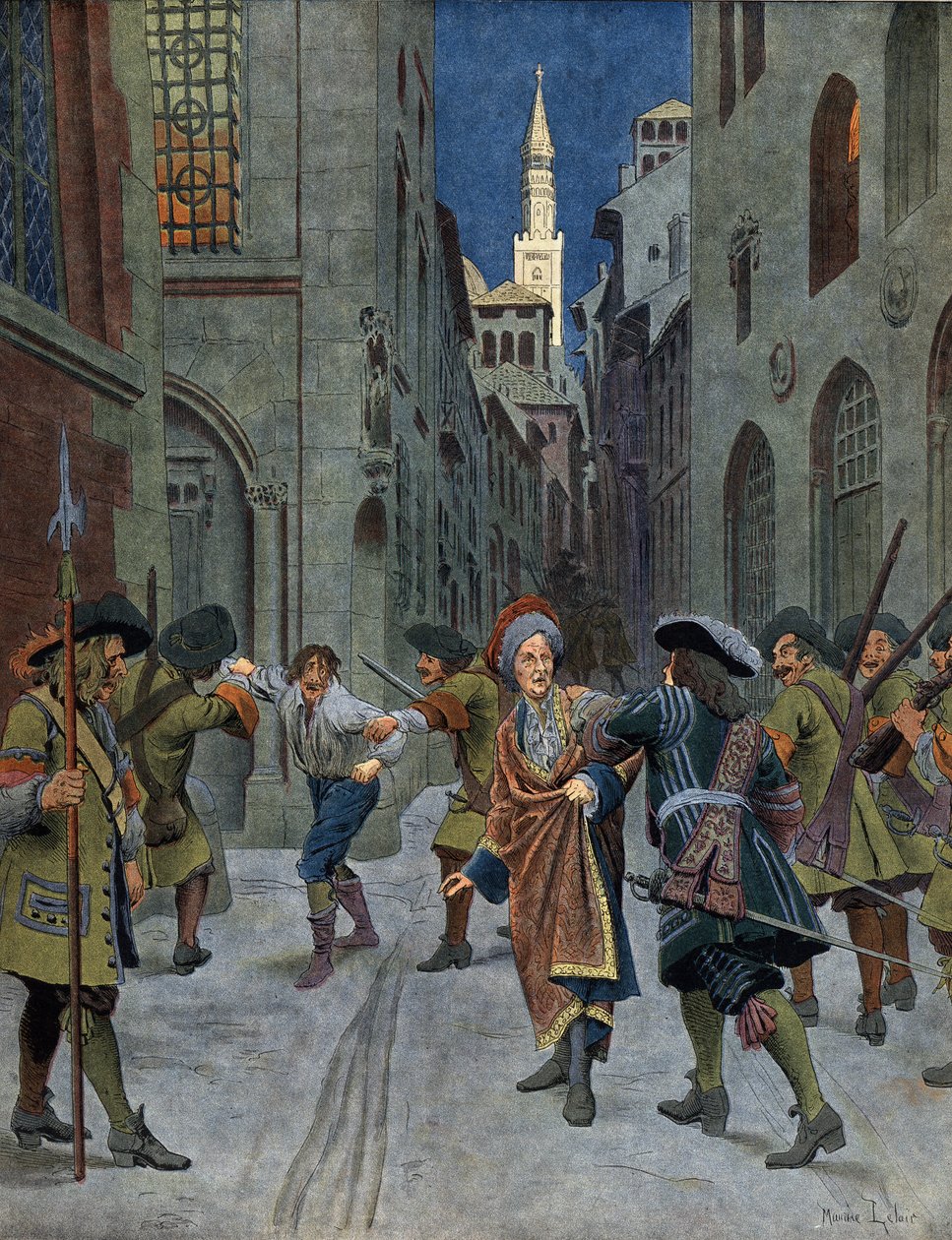西班牙王位继承战争。1702年欧仁亲王（Eugene Francois de Savoie，1663-1736）的军队攻占克雷蒙（Cremone）期间，诺夫维尔的弗朗索瓦（1644-1730）被俘。在 "Le Roy Soleil "中的染色法( 作者 莫里斯·勒卢瓦（Maurice Leloir）