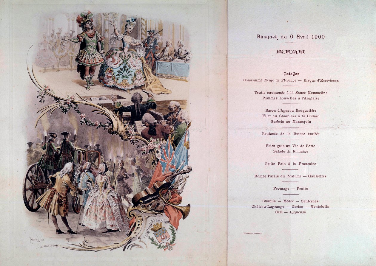 Wedding menu with illustration by Maurice Leloir (1851-1940) of balls in costumes and galantes scenes, 6/04/1900 作者 莫里斯·勒卢瓦（Maurice Leloir）