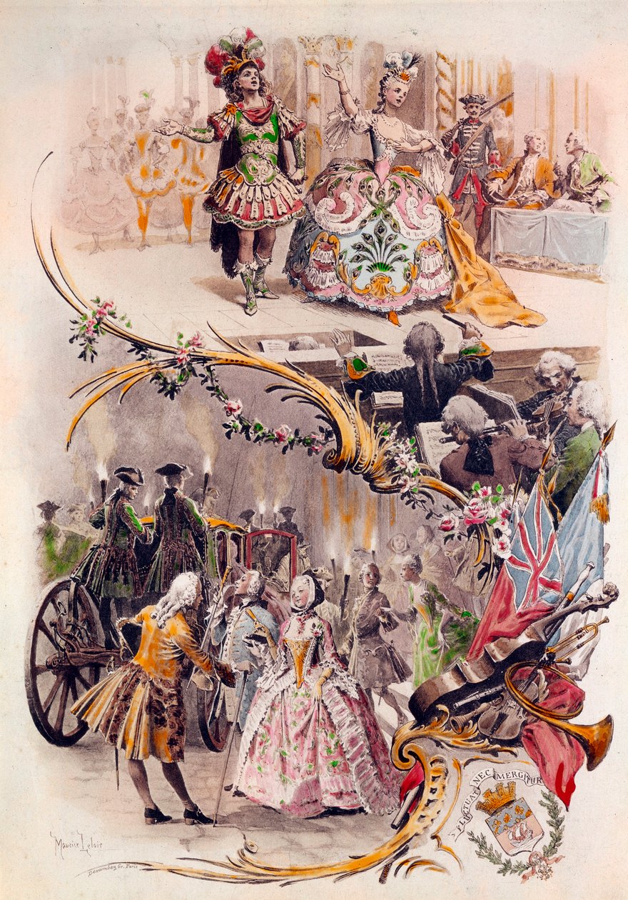 带有莫里斯-勒鲁瓦（1851-1940）插图的婚礼菜单，内容为穿着盛装的舞会和加兰特场景，1900年4月6日 作者 莫里斯·勒卢瓦（Maurice Leloir）