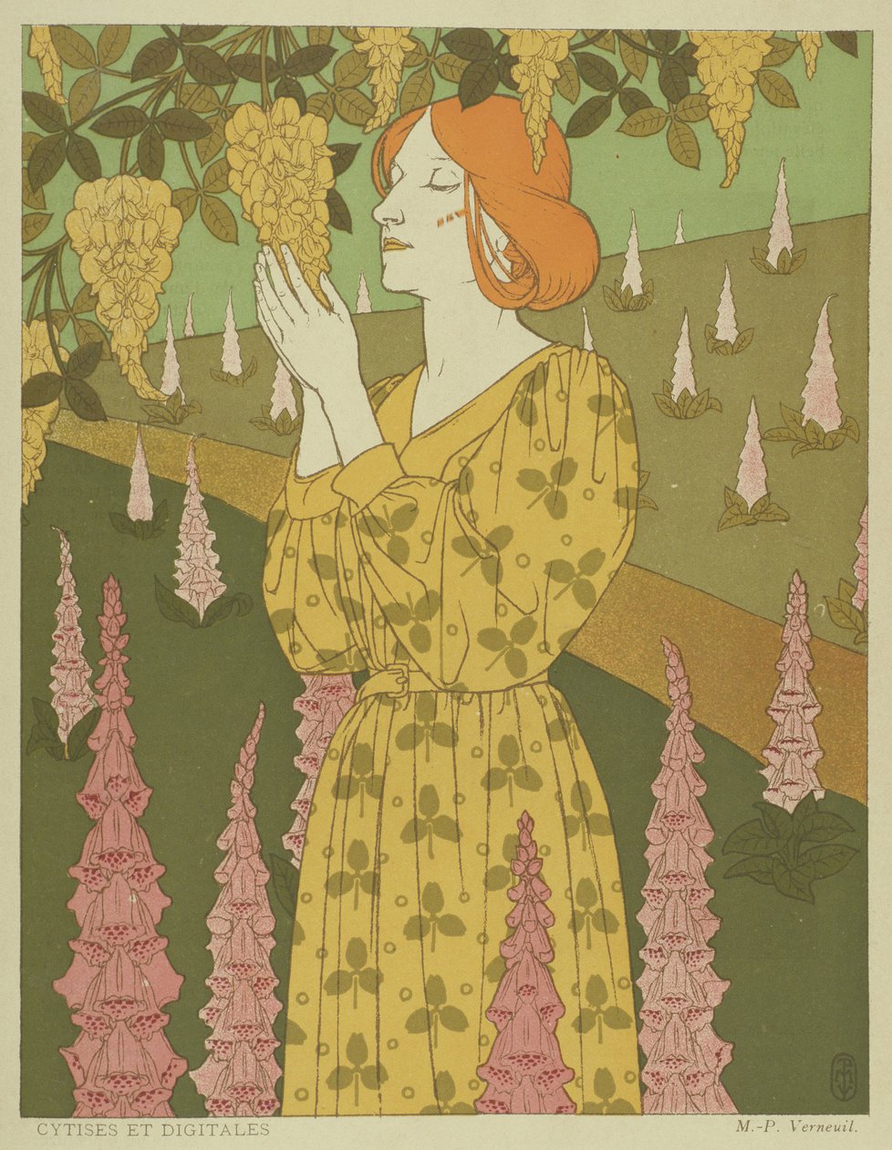 Cytises and Digitales - Woman with Wisteria and Foxgloves（彩色石版画） 作者 莫里斯·皮拉德·维尔纽尔