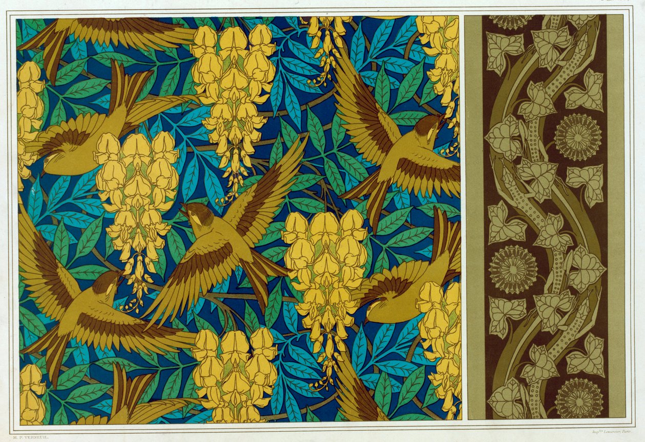 鸟类和紫藤的设计 悬挂和墙纸边框与蜥蜴和常春藤，出版。1897. 作者 莫里斯·皮拉德·维尔纽尔