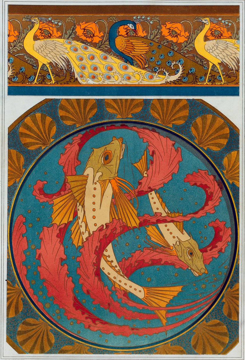 孔雀和罂粟花边的设计，出版。1897. 作者 莫里斯·皮拉德·维尔纽尔