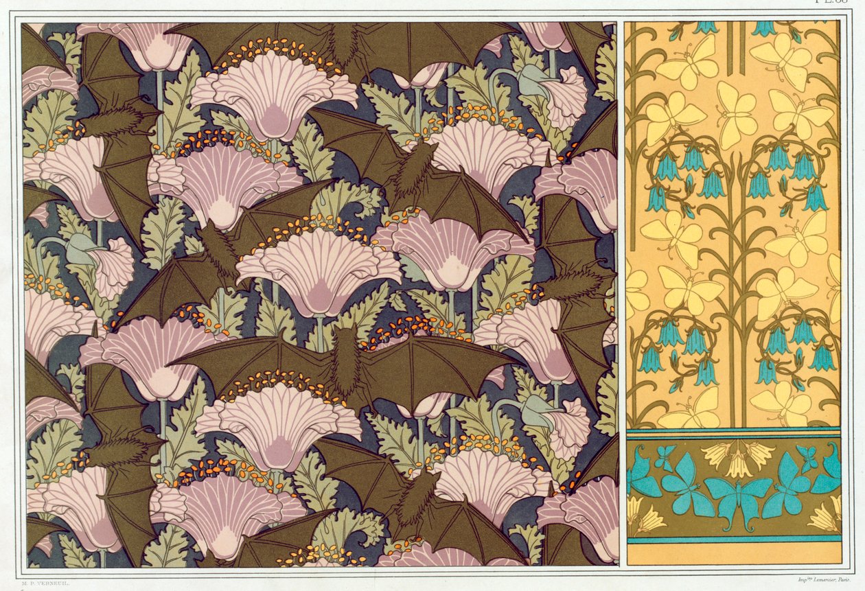 有蝙蝠和罂粟花的壁挂设计，出版。1897. 作者 莫里斯·皮拉德·维尔纽尔