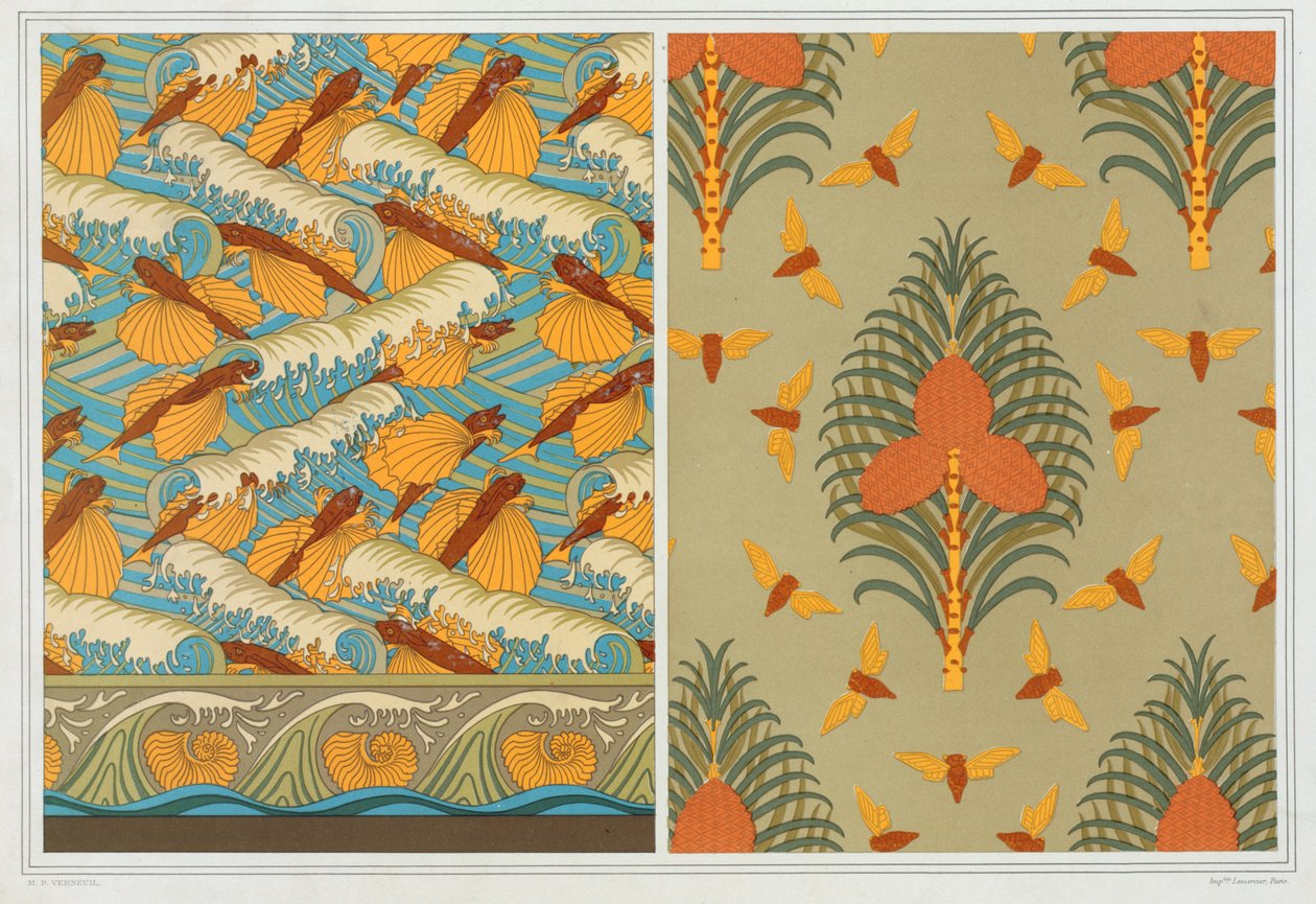 壁纸飞鱼和浪花的设计，出版。1897. 作者 莫里斯·皮拉德·维尔纽尔