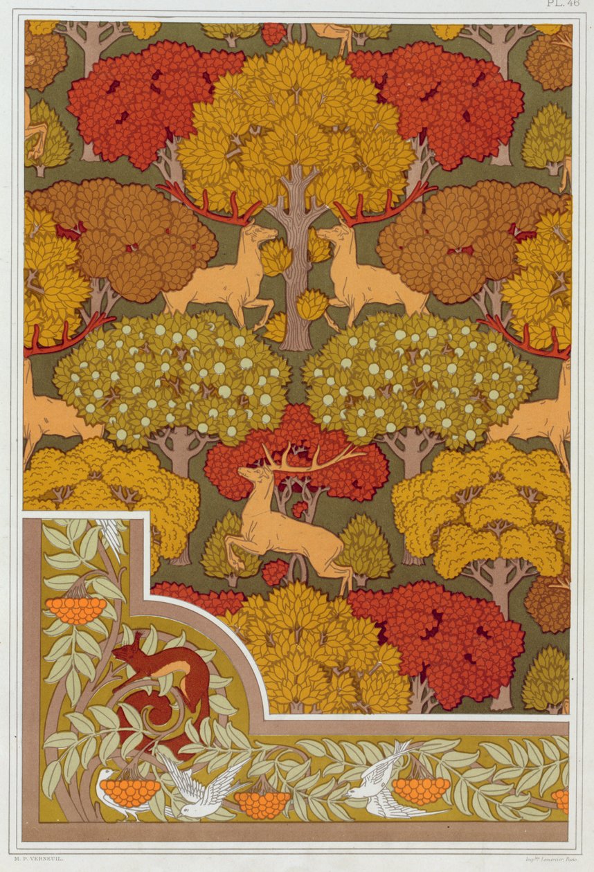 墙纸和墙纸边框的设计 《树上的鹿》，出版社。1897. 作者 莫里斯·皮拉德·维尔纽尔