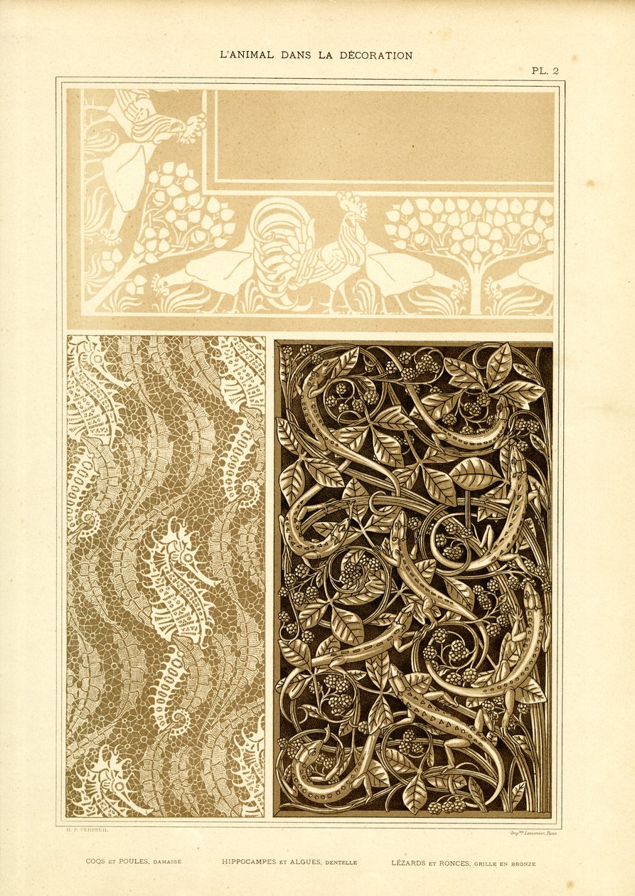 由公鸡、海马和蜥蜴三部分组成的动物装饰品（石版画） 作者 莫里斯·皮拉德·维尔纽尔