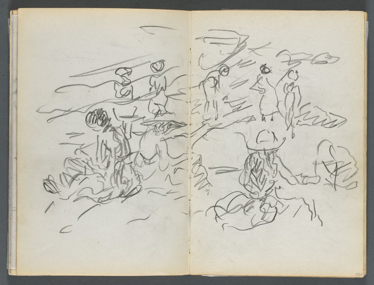 素描本，《戴尔斯》，第 127 期，第 100 和 101 页：海滩上的人物 作者 莫里斯·普伦德加斯特