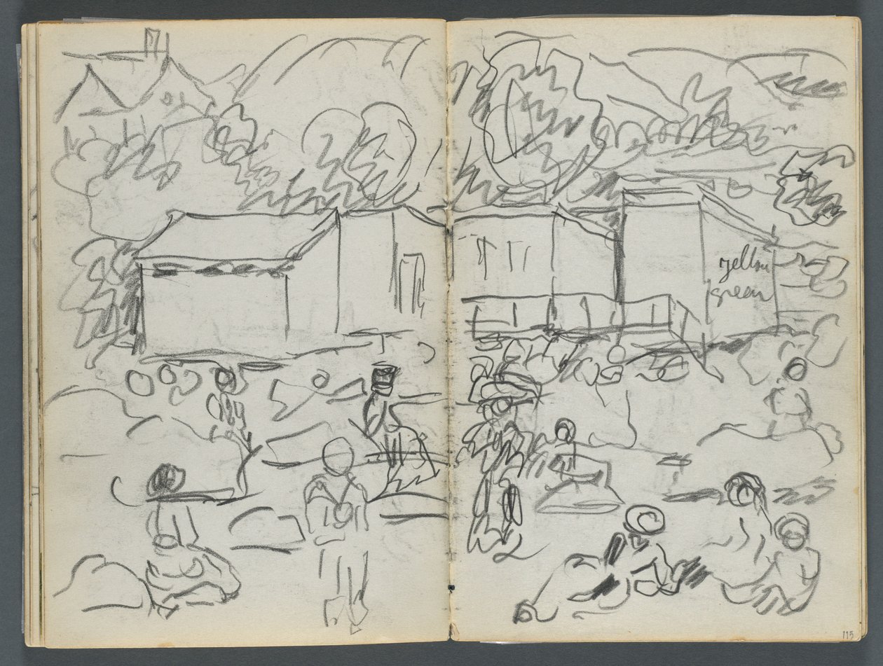素描本，《戴尔斯》，第 127 期，第 114 和 115 页：有人物和建筑的风景画 作者 莫里斯·普伦德加斯特